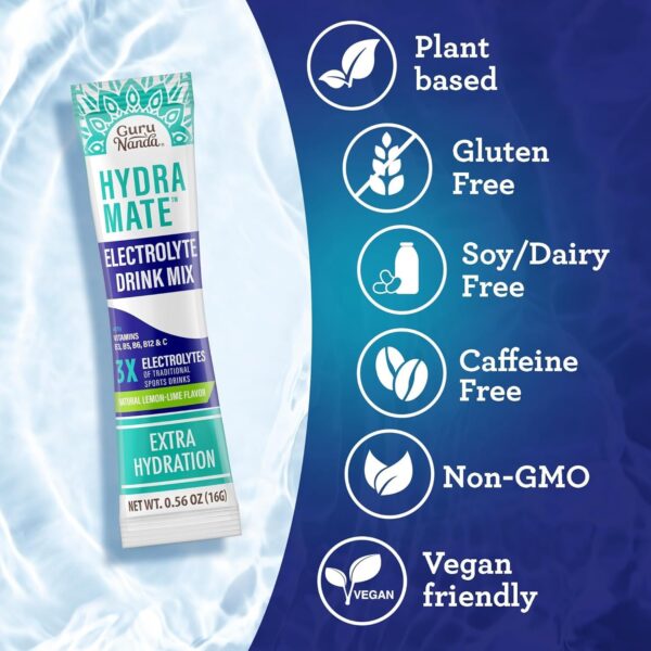 GuruNanda Hydramate Hydration Support Drink Mix - Electrolyte Powder Packets for Dehydration, Exercise & Energy - No Added Sweeteners, Non-GMO, Natural Lemon Lime Flavor - 48 Count (0.56 oz Each)