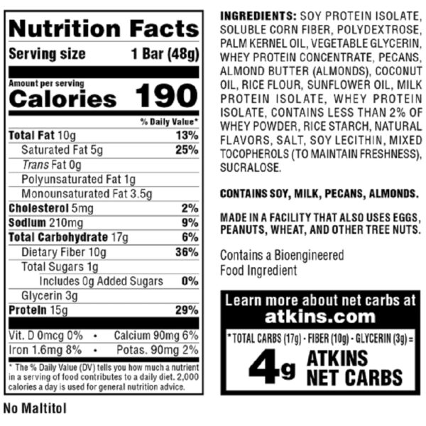 Atkins Vanilla Pecan Crisp Protein Meal Bar, High Fiber, 1g Sugar, 4g Net Carb Meal Replacement, Keto Friendly, 5 Count