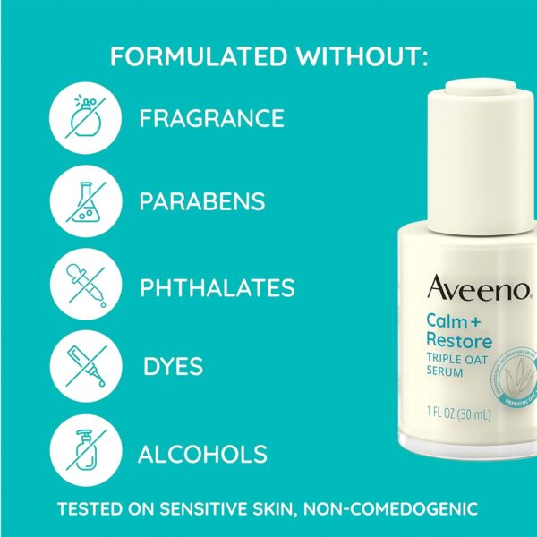 Aveeno Calm + Restore Triple Oat Hydrating Face Serum for Sensitive Skin, Gentle, Lightweight Facial Serum Instantly Smooths Skin, Fast-Absorbing, Hypoallergenic & Fragrance-Free, 1 fl. oz