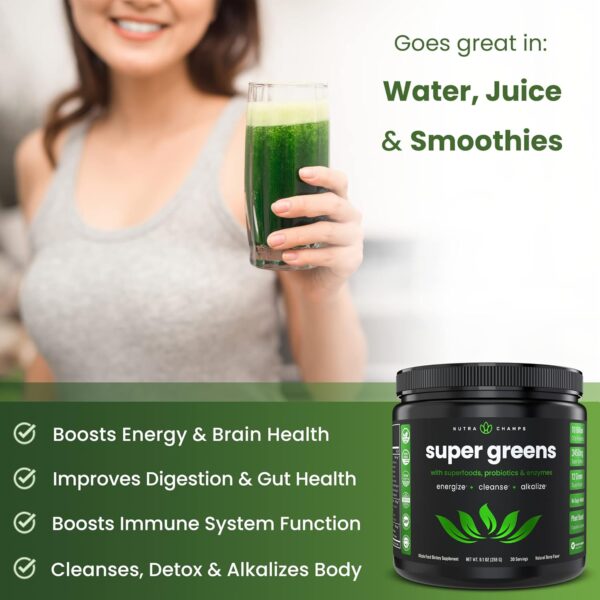 NutraChamps Super Greens Powder Premium Superfood | 20+ Organic Green Veggie Whole Foods | Wheat Grass, Spirulina, Chlorella | Antioxidant, Digestive Enzyme & Probiotic Blends (9.0 Oz, Berry)