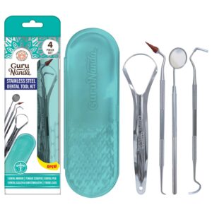 GuruNanda Professional 100% Stainless Steel Dental Kit with Tongue Scraper, Dental Mirror, Dental Scaler & Gum Stimulator - 4 Piece Dental Tools Set