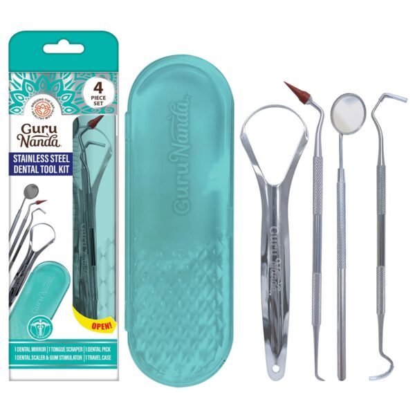 71YejDjB2gL._SL1500_.jpg GuruNanda Professional 100% Stainless Steel Dental Kit with Tongue Scraper, Dental Mirror, Dental Scaler & Gum Stimulator - 4 Piece Dental Tools Set