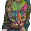 ZOCAVIA Women's Y2K Art Cat Sweatshirts Fall Abstract Cat Graphic Pullover Tops Long Sleeve Oil Painting Cat Printed T Shirts