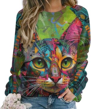 ZOCAVIA Women's Y2K Art Cat Sweatshirts Fall Abstract Cat Graphic Pullover Tops Long Sleeve Oil Painting Cat Printed T Shirts