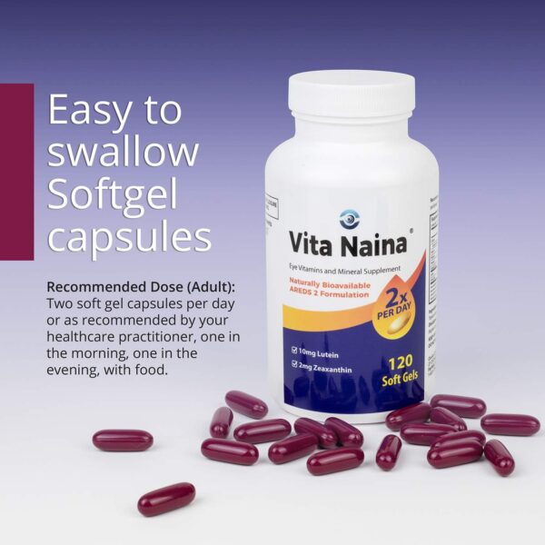 Vita Naina (120 SoftGels) | AREDS2 Eye Vitamins and Mineral Supplement (Zeaxanthin 2mg) | High Bioavailability and Bio-Absorption Formula | Easy on Your Digestive System | Easy to Swallow
