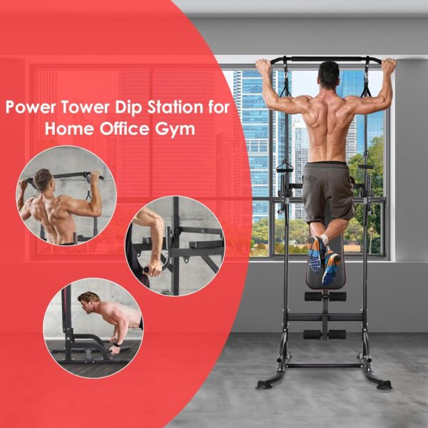 Arlopu Power Tower with Bench, Pull Up Bar Stand, Dip Bar w/Folding Bench 4 Ropes Strength Training, Multi-Function Fitness Equipment for Home Gym, Adjustable Heights and Angles Dip Station, 400LBS