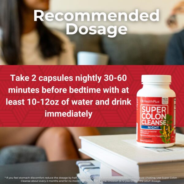 Health Plus Super Colon Cleanse Night Formula Digestive Support | Constipation Relief to Reduce Bloating with Probiotics and Valerian Root for Sleep | More than 1 Cleanse, 60 Capsules
