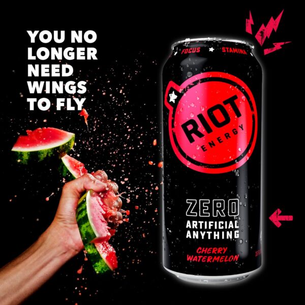 RIOT Clean Energy Drink, Cherry Watermelon, Organic, No Sugar Added, Made with Real Fruit, 100mg L-Theanine, 16 fl oz