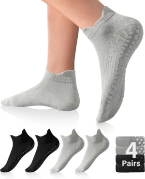 DIBAOLONG Pilates Socks with Grips for Women, Grip Socks Non Slip Yoga Socks for Barre Hospital Grippy Socks 4 Pairs