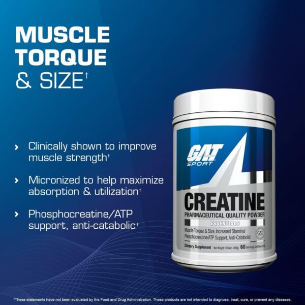 GAT SPORT Creatine Monohydrate Powder, Strength, Brain Health, Anti-oxidant, Endurance, for Men & Women, Unflavored (60 Servings)