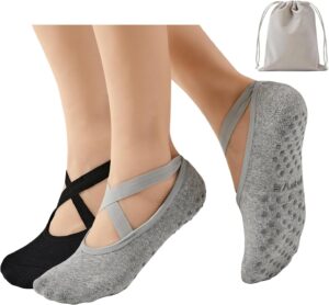 Pilates Socks with Grips and Straps for Women, Non Slip Grip Yoga Socks, Anti-skidding Yoga Slipper, also Ideal for Dance, Barre, Ballet, Barefoot Exercises, Home