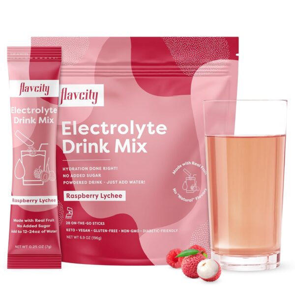 FlavCity Raspberry Lychee Electrolytes Drink Mix, 28 On-The-Go Stick Packs - Healthy Electrolytes Powder Packets Made with Real Fruit - Keto Powdered Drink with No Added Sugar, Gluten-Free
