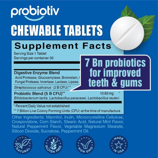 Oral Probiotics for Mouth Bad Breath 7 Billion CFU - Chewable Dental Probiotics for Teeth and Gums, Fresh Breath Freshener, Combats Dry Mouth, Halitosis, Tonsil Stone & Gingivitis Treatment