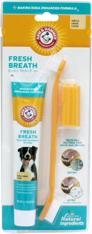 Arm & Hammer for Pets Fresh Breath Kit for Dogs | Contains Toothpaste, Toothbrush & Fingerbrush | Reduces Plaque & Tartar Buildup | Safe for Puppies, 3-Piece Kit, Vanilla Ginger Flavor