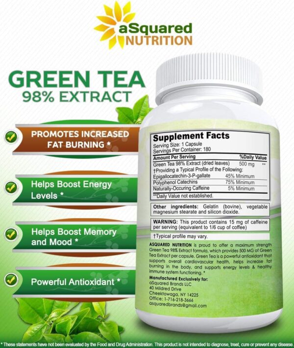 aSquared Nutrition Green Tea Extract Supplement with EGCG - 180 Capsules-Max Potency Fat Burner 500 mg Pills for Weight Loss, Boost MetabolismHeart Health, All-Natural Low Caffeine Diet Detox