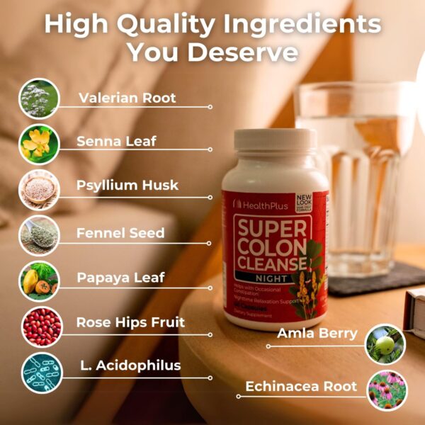 Health Plus Super Colon Cleanse Night Formula Digestive Support | Constipation Relief to Reduce Bloating with Probiotics and Valerian Root for Sleep | More than 1 Cleanse, 60 Capsules