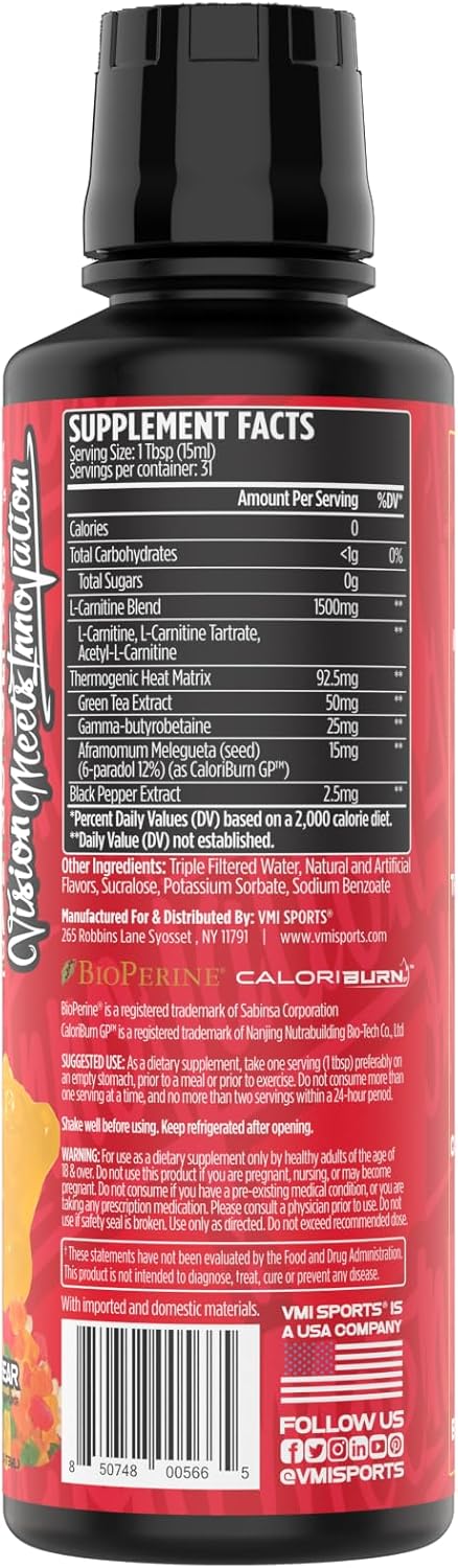 VMI Sports L-Carnitine 1500 Heat Stimulant Free Thermogenic Metabolic Support & Fat Loss for Men & Women | 1500mg L-Carnitine | Convenient Liquid (Gummy Bear)