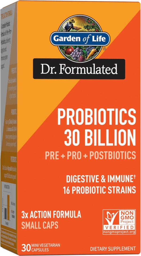 Garden of Life Dr Formulated Once Daily 3-in-1 Complete Probiotics, Prebiotics & Postbiotics - PRE + PRO + POSTBIOTIC Supplement for Adults’ Digestive & Immune Health, 30 Billion CFU, 30 Day Supply
