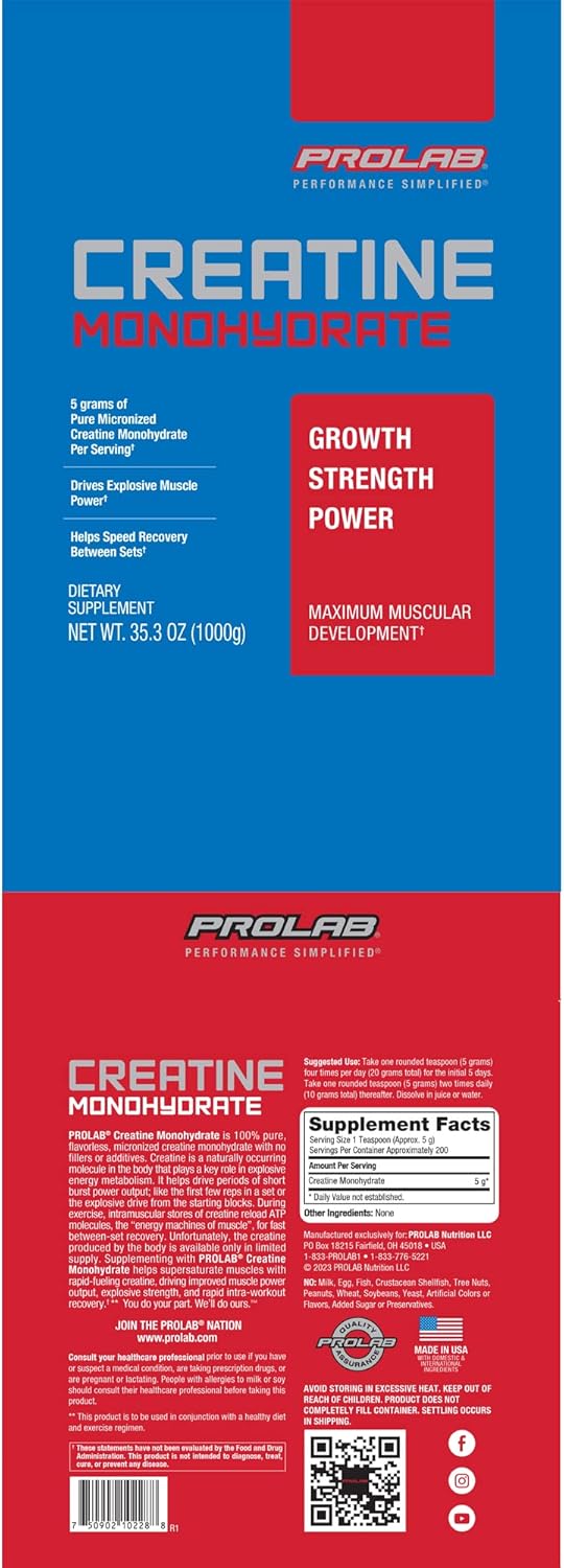 ProLab Creatine Monohydrate Best Micronized Creatine Powder, Sports Nutrition Supplement, Increased Muscle Mass, Strength, Endurance, Power (1000g)