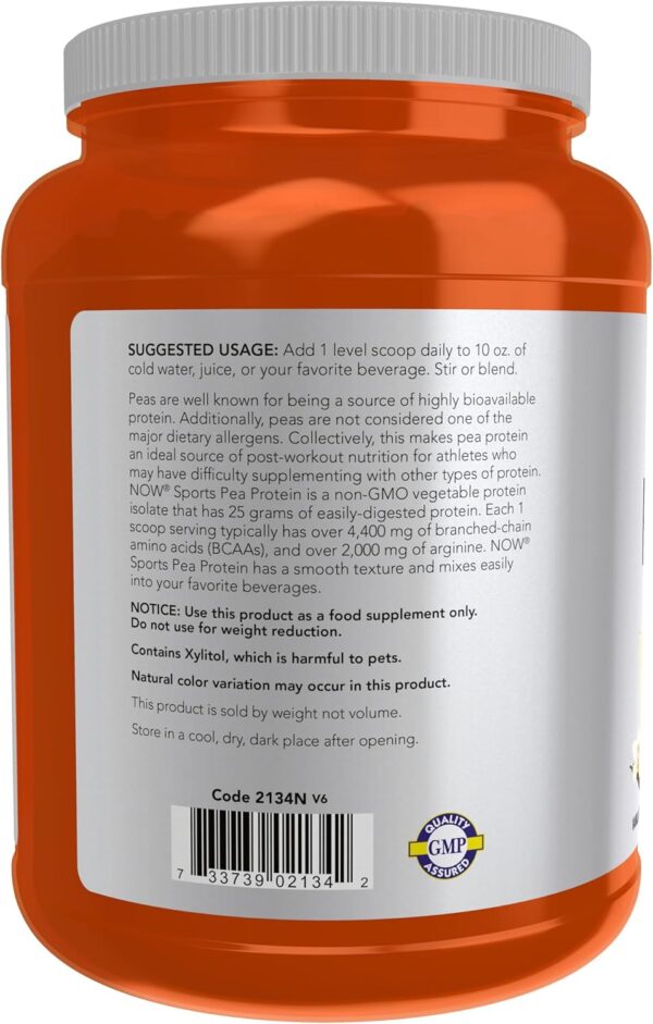 NOW Foods Sports Nutrition, Pea Protein 25 g With BCAAs, Easily Digested, Vanilla Toffee Powder, 2-Pound
