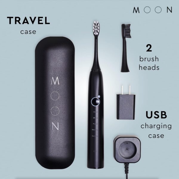 MOON Sonic Electric Toothbrush for Adults, 5 Smart Modes to Clean, Whiten, Massage and Polish Teeth, Rechargeable with Travel Case and 2 Toothbrush Heads, Black