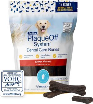 ProDen PlaqueOff System Dental Care Bones - Dog Teeth Cleaning Bones for Oral Hygiene -Medium/Large Canine Formula - Bacon Flavor -17 oz(Packaging May Vary)