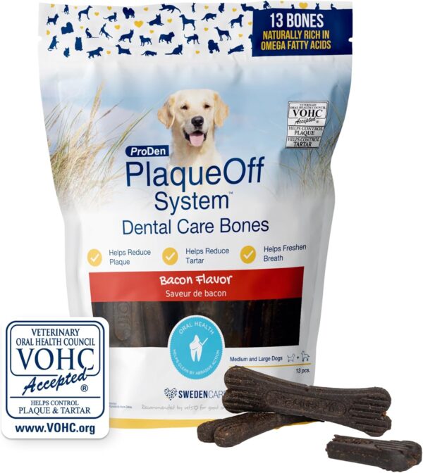 ProDen PlaqueOff System Dental Care Bones - Dog Teeth Cleaning Bones for Oral Hygiene -Medium/Large Canine Formula - Bacon Flavor -17 oz(Packaging May Vary)