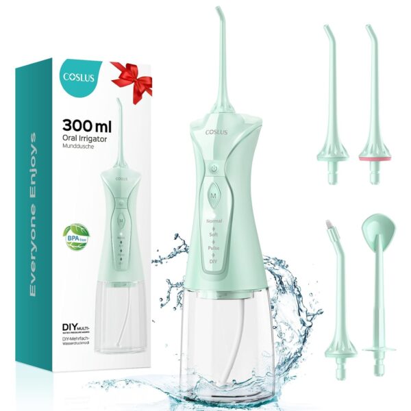 COSLUS Water Dental Flosser Pick for Teeth: 4 Modes Cordless Portable 300ML Larger Tank Water Teeth Cleaner IPX7 Waterproof Flossing Cleaning Picks for Home Travel FC5360