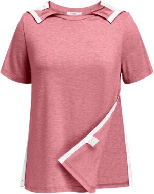 Deyeek Post Shoulder Surgery Shirts for Women Tear Away Side Snap Chemo Port Shirts Short Sleeve Adaptive Clothing