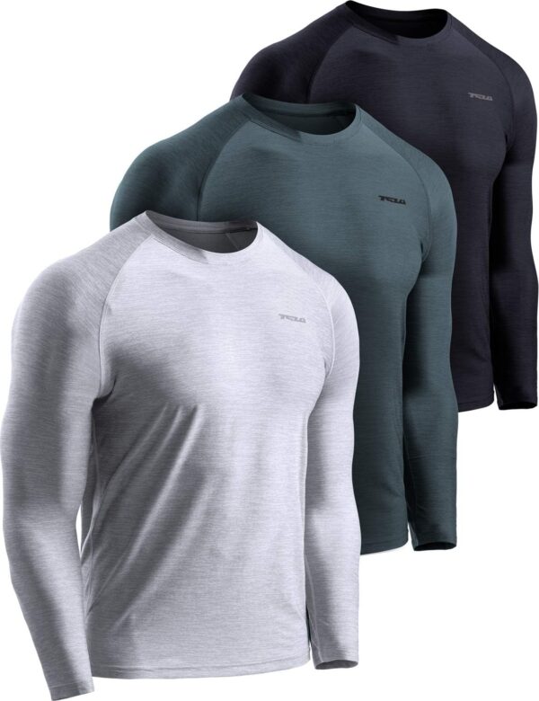 TSLA 3 Pack Men's Long Sleeve Pullover, Dry Fit Running Workout Shirts, Athletic Fitness & Gym Shirt