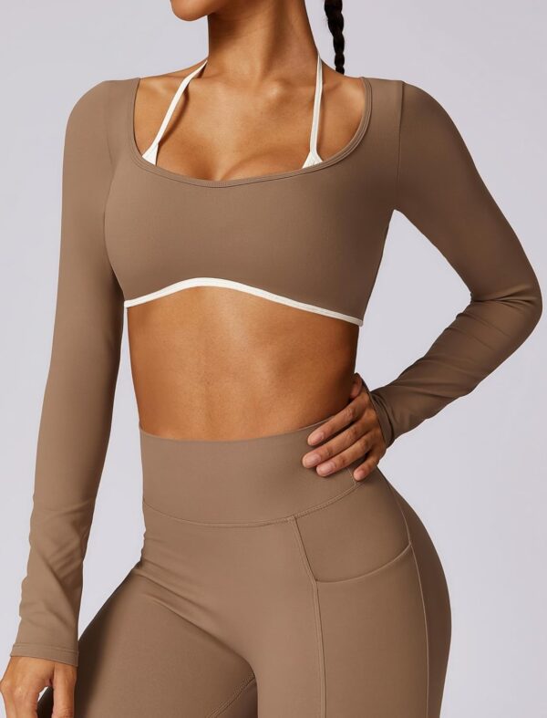 ABOCIW Womens Workout Crop Top Halter Long Sleeve Sports Bra Low Medium Impact Yoga Top T Shirts with Built in Bra