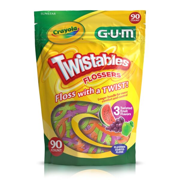 GUM Crayola Twistables Kids Flossers with Fluoride - Designed for Little Hands - Three Fun Fruit Flavors - Easy to Use Kids Floss Picks for Children Ages 3+, 90 ct