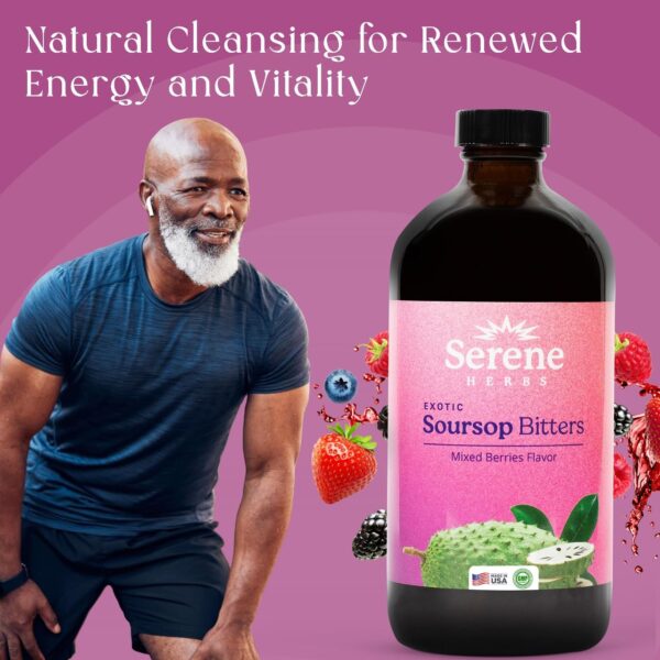Serene Herbs Soursop Bitters Liquid Mixed Berry with Soursop Leaves for Gut Cleanse, Detox & Immune Boost with Black Seed, Moringa, Irish Moss, Ashwaganda, Turmeric, 16 fl oz | 32 Servings