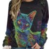 ZOCAVIA Women's Y2K Art Cat Sweatshirts Fall Abstract Cat Graphic Pullover Tops Long Sleeve Oil Painting Cat Printed T Shirts