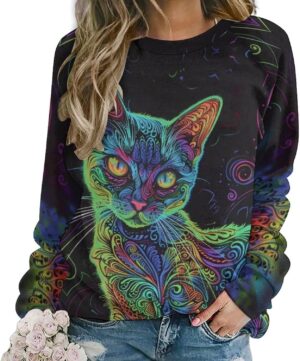 ZOCAVIA Women's Y2K Art Cat Sweatshirts Fall Abstract Cat Graphic Pullover Tops Long Sleeve Oil Painting Cat Printed T Shirts