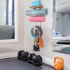 VINAEMO Yoga Mat Holder Accessories Wall Mount Organizer Storage Decor Foam Roller and Towel Storage Rack with 4 Hooks and Wooden Shelves Yoga Mats Rack Resistance Bands for Home Gym School Office