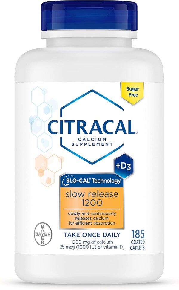 Citracal Slow Release 1200, 1200 mg Calcium Citrate and Calcium Carbonate with 25 mcg (1000 IU) Vitamin D3, Bone Health Support, Calcium Supplement for Ages 12+, Take Once Daily Caplet, 185 Count