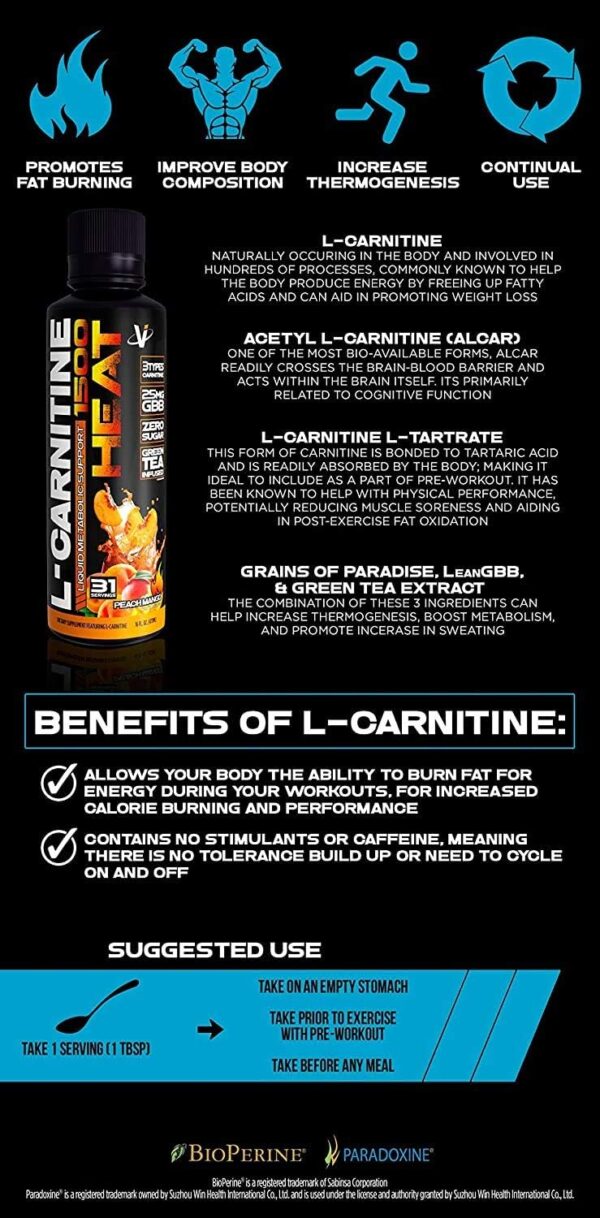 VMI Sports L-Carnitine 1500 Heat Stimulant Free Thermogenic Metabolic Support & Fat Loss for Men & Women | 1500mg L-Carnitine | Convenient Liquid (Patriot Pop)