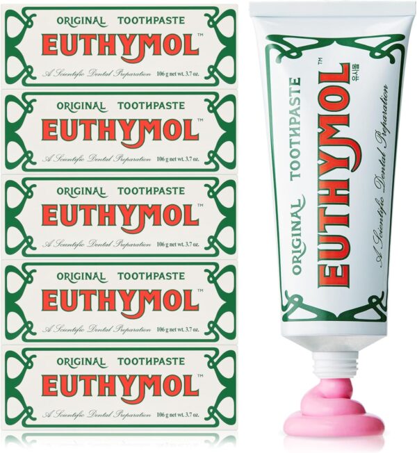 EUTHYMOL Original Toothpaste (3.7fl oz*5, Pack of 5) - Fluoride-Free Toothpaste for Sensitive Teeth & Gum. Bad Breath, Cavity Prevention, 12-Hour Long Lasting Freshness with Wintergreen