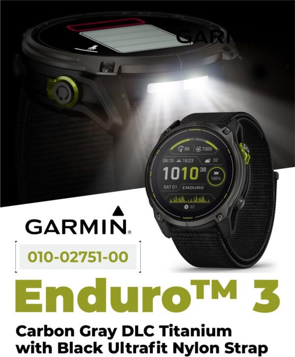 Wearable4U Garmin Enduro 3 – 51 mm, Solar, Sapphire, Ultraperformance GPS Smartwatch, Carbon Gray DLC Titanium with Black UltraFit Nylon Strap White Earbuds Bundle