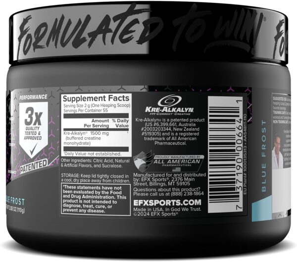 EFX Sports Kre-Alkalyn EFX Powder | pH Correct Creatine Monohydrate Powder Supplement | Strength, Muscle Growth & Performance | 55 Servings (Blue Frost)