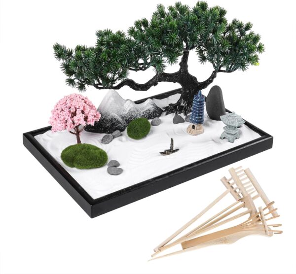 Zen Garden Kit 11x8 with White Sand Japanese Mini Beach Zen Sand Artificial Bonsai Tree Rocks Rakes and Accessories for Prayer,Home,Office Desk Zen Sand Garden,Sand Tray Meditation Room