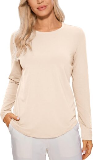 CRZ YOGA Pima Cotton Workout Long Sleeve Shirts for Women Athletic Crewneck Yoga Casual Tops Plain T-Shirt