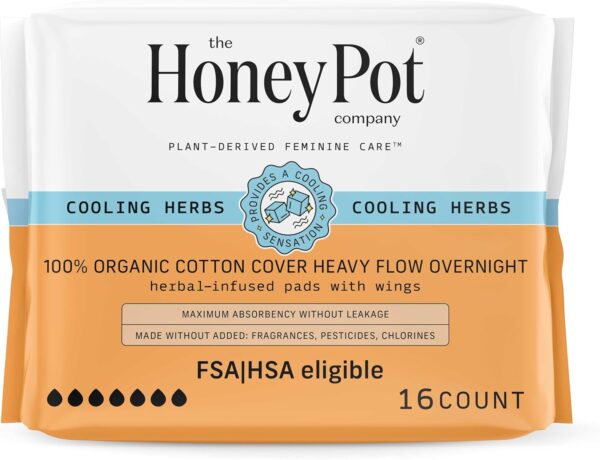 The Honey Pot Company - Herbal Sanitary Pads for Women - Heavy Flow Overnight w/Wings - Infused w/Essential Oils for Cooling Effect & Organic Cotton Cover - Feminine Care - FSA & HSA - 16 ct