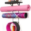 Bikoney Yoga Mat Holder Wall Mount Yoga Mat Storage Home Gym Accessories with Wood Floating Shelves and 4 Hooks for Hanging Foam Roller and Resistance Bands at Fitness Class or Home Gym Vintage Black