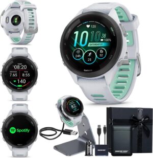 Garmin Forerunner 265S Advanced Multisport Touchscreen Smartwatch, Whitestone | Heart Rate Monitor, Training Stats, Daily Suggested Workouts, Up to 15 Day Battery Life with Signature Gift Bundle
