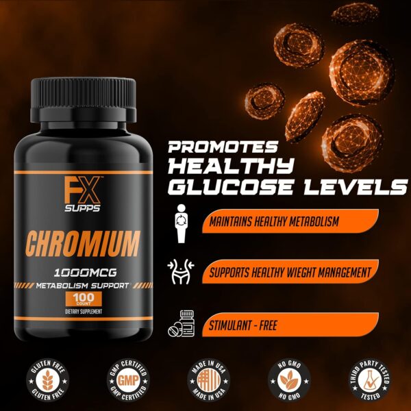 FX SUPPS Chromium Polynicotinate 1000 mcg (100 Capsules) Weight Management Supplements for Men and Women | Improves Energy Production and Heart Health