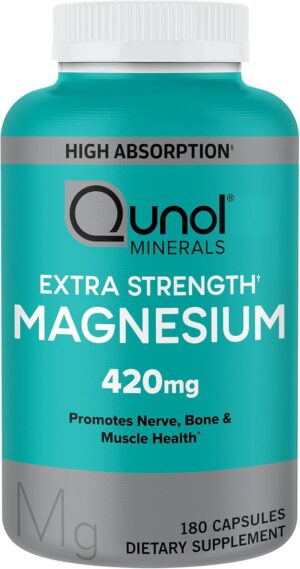 Qunol Magnesium Capsules 420mg, 100% DV, High Absorption Magnesium Supplement, Extra Strength, Bone and Muscle Health Supplement, 180 Count