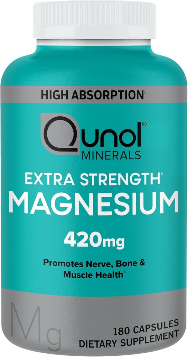 Qunol Magnesium Capsules 420mg, 100% DV, High Absorption Magnesium Supplement, Extra Strength, Bone and Muscle Health Supplement, 180 Count