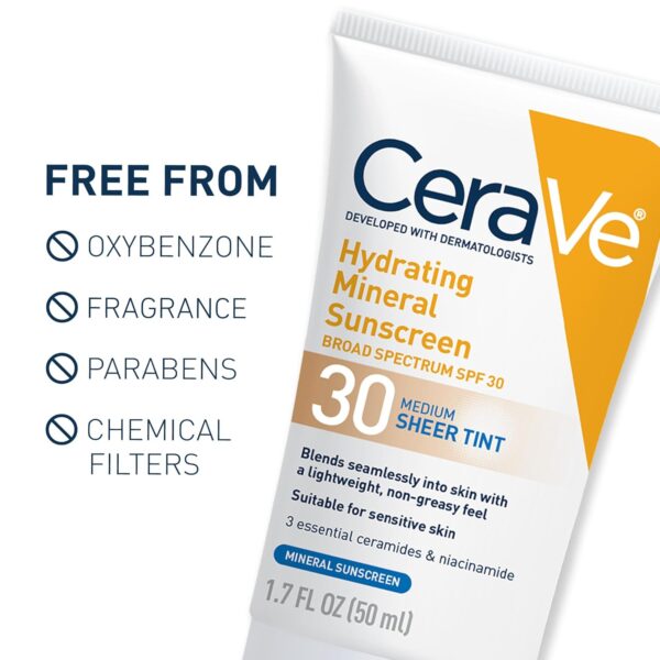 CeraVe Hydrating Mineral Sunscreen SPF 30 with Sheer Tint, Tinted Mineral Sunscreen with Zinc Oxide & Titanium Dioxide, Blends Seamlessly For Healthy Glow, Medium, 1.7 Fluid Ounce